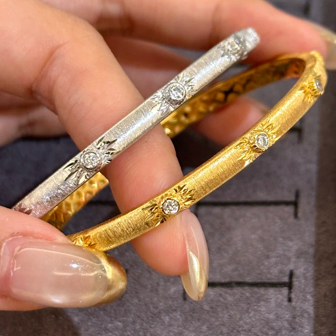 Elegant Carved Floral Rhinestone Bangle Bracelet
