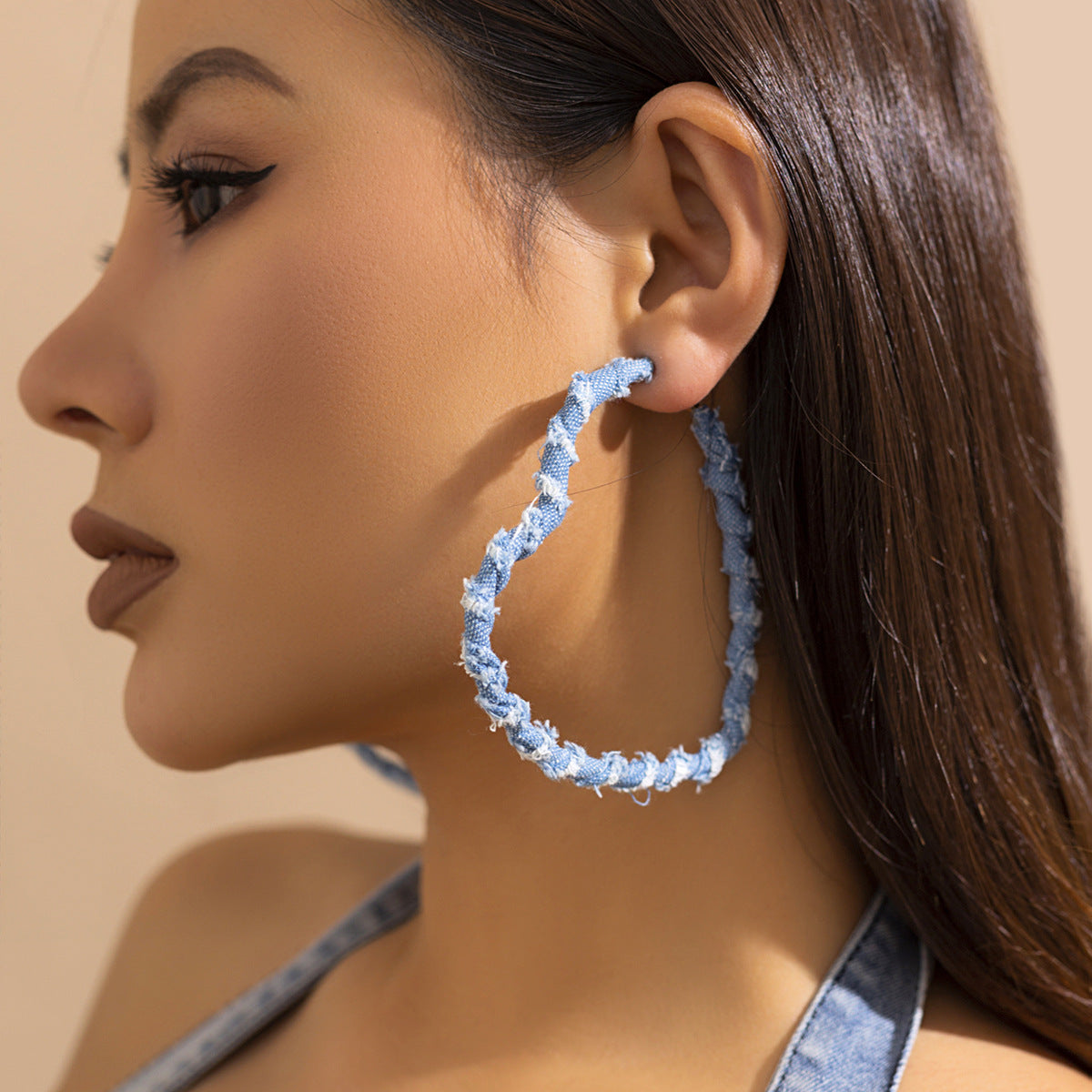 Vintage Statement Denim Print Hoop Earrings For Women