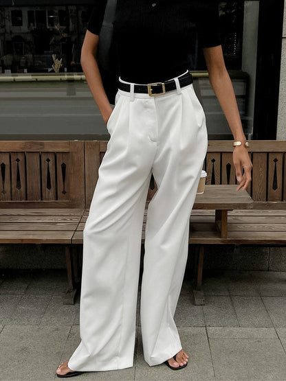 White Wide-Leg Trousers High-Waisted Chic Casual Pants