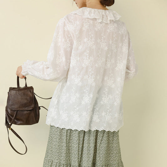 Fresh Lace Doll Collar Cotton Shirt Embroidered Casual Top