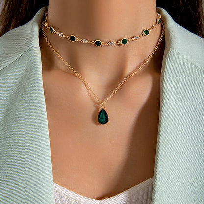 Fashionable Vintage Green Drop Pendant Layered Y-Necklace