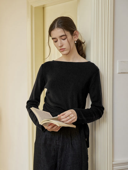 Asymmetrical Waist Tie Knit Top Elegant Casual Long Sleeve