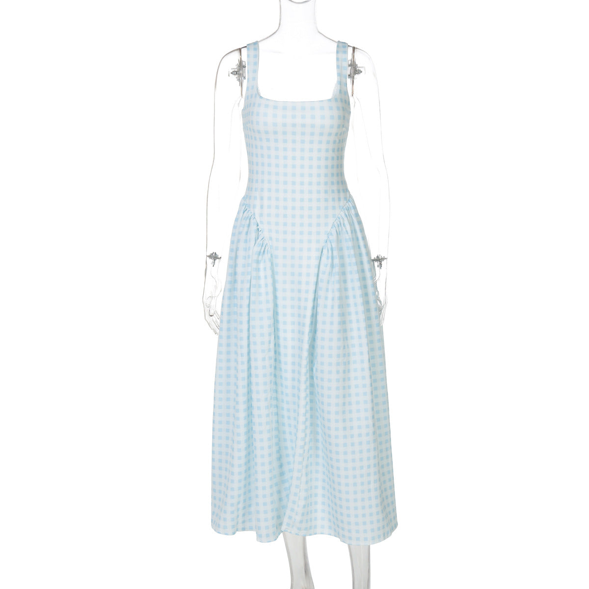 Stylish French Checkered Print Midi Dress with Backless Design