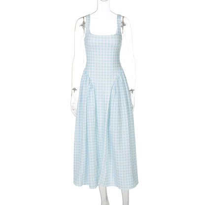 Stylish French Checkered Print Midi Dress with Backless Design