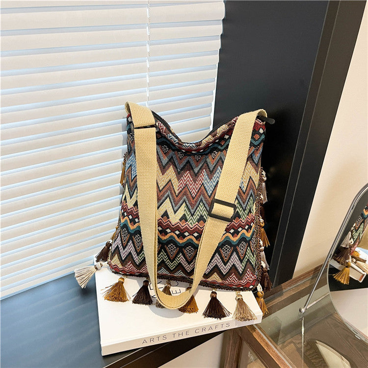 Boho Style Shoulder Bag with Fringe - Canvas Tote