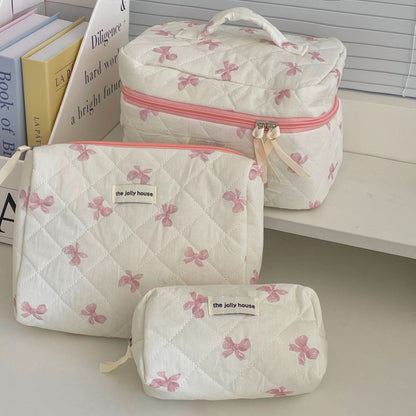 Quilted Makeup Bag with Bow Cute Portable Storage Bag