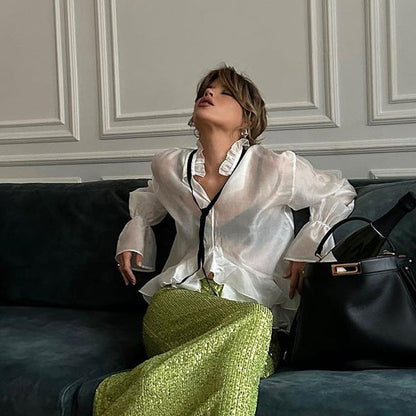 Trendy Sheer Blouse with Flare Sleeves