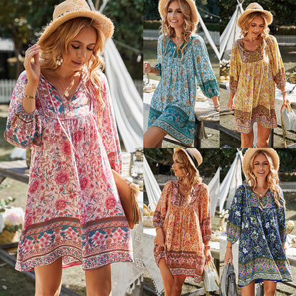 V-Neck Floral Cotton Dress Casual Vacation Style