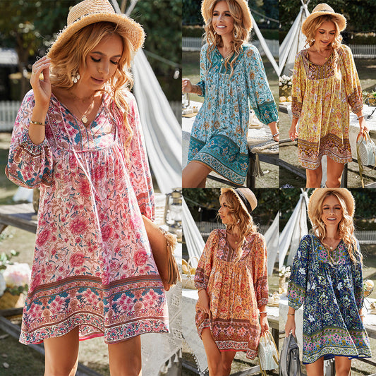 V-Neck Floral Cotton Dress Casual Vacation Style