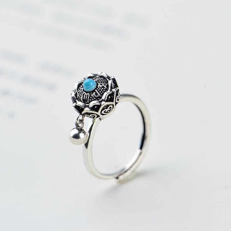 Lotus Six-Character Mantra Scripture Rotating Ring Lucky Turn Ring National Style Enamel Colored Burning Blue Ring