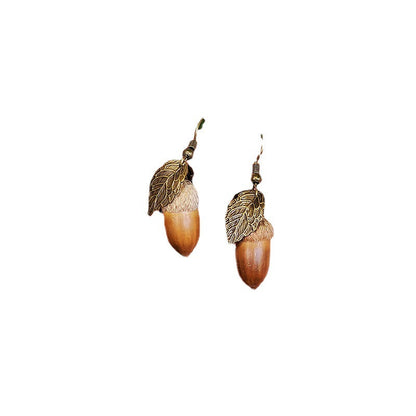 Creative Long Leaf Wood Earrings with Natural Dried Fruits
