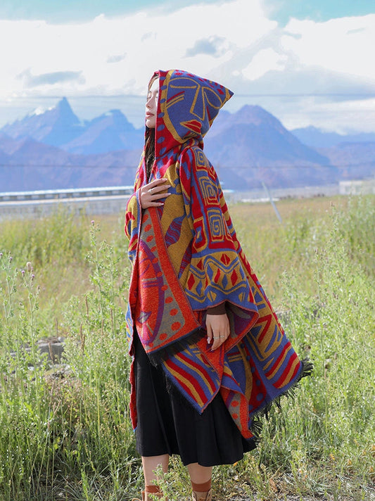 Autumn And Winter Ethnic Bohemian Warm Big Shawl Hooded Cape Scarf