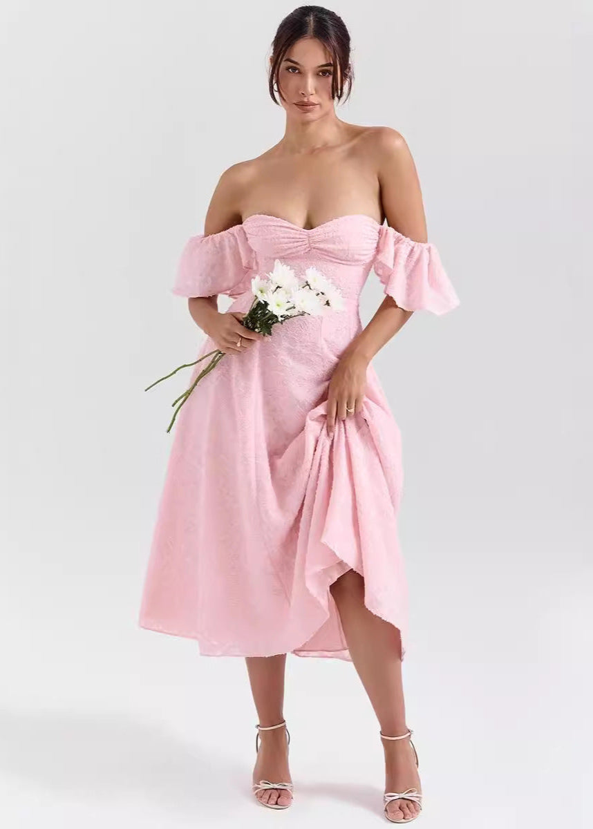 Textured Jacquard Flutter Sleeve Midi Dress