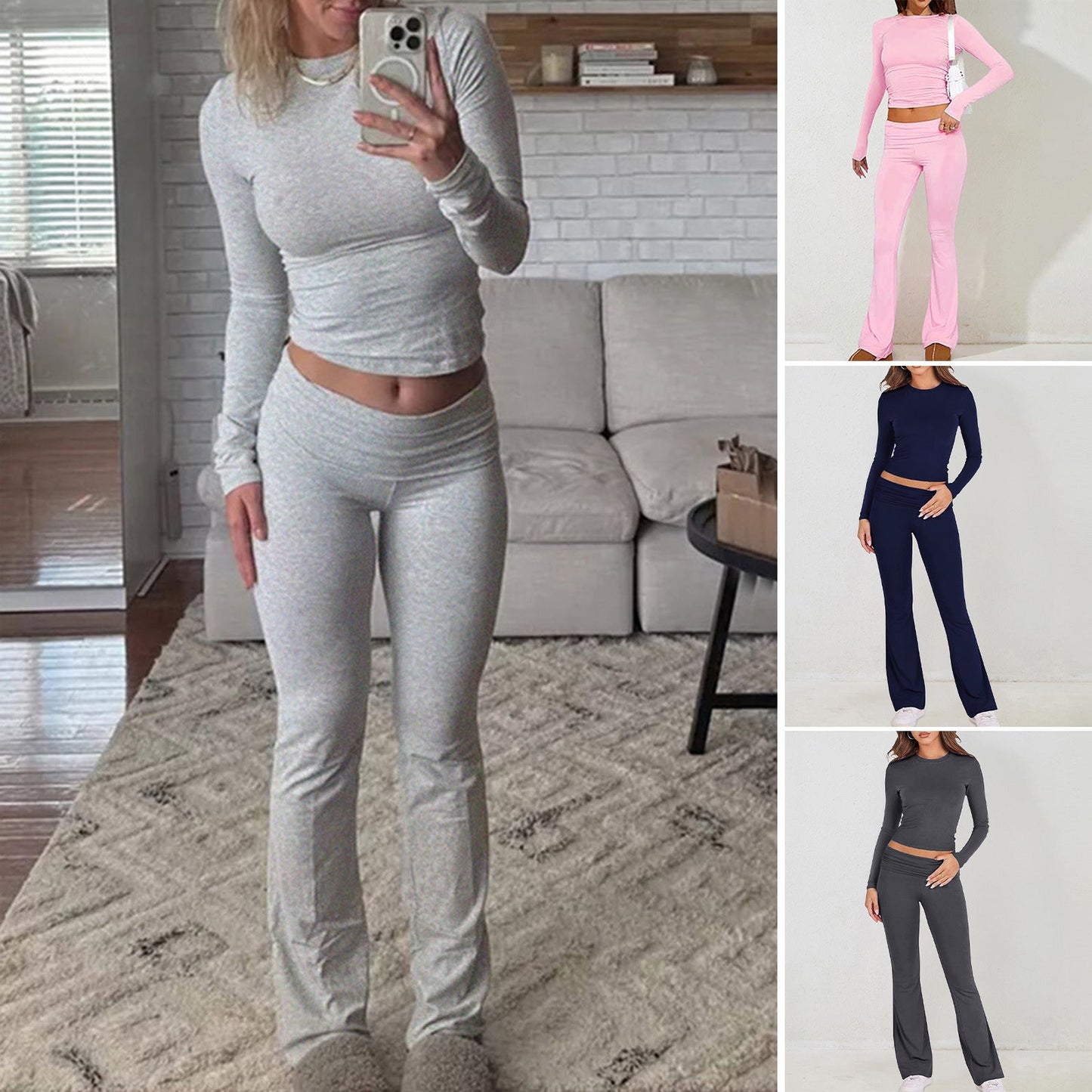 Casual Solid Color Long Sleeve Knit Pants Set