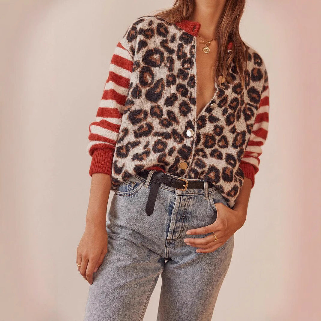 Vintage Round Neck Leopard Print Cardigan