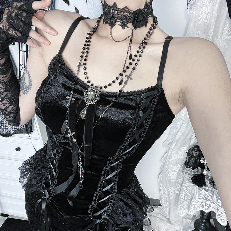 Black Lace Panel Cami Top Elegant Aesthetic Style