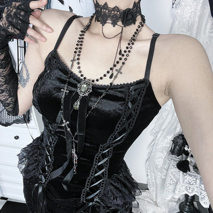 Black Lace Panel Cami Top Elegant Aesthetic Style
