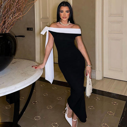 Off-Shoulder Solid Color Dress With Ribbons Elegant Fit