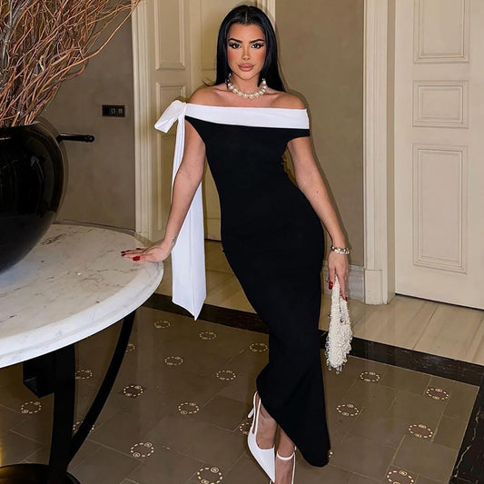 Off-Shoulder Solid Color Dress With Ribbons Elegant Fit