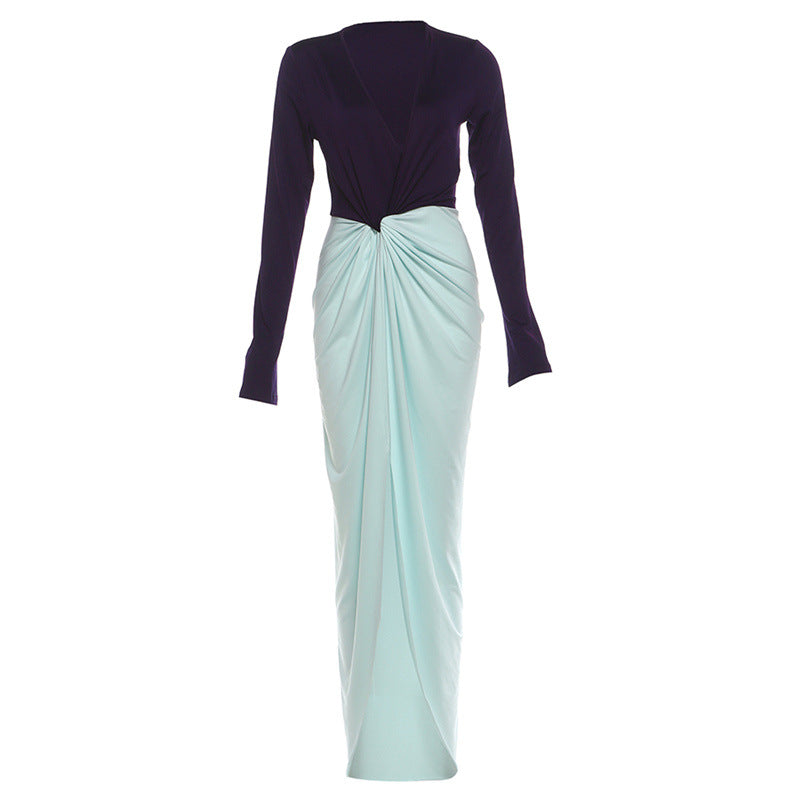 Elegant Deep V-Neck Long Sleeve Maxi Dress