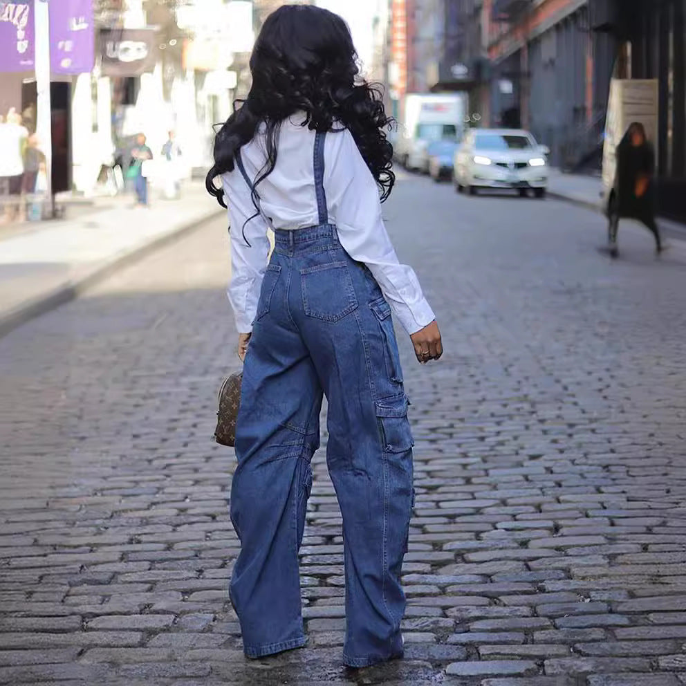 Loose Fit Denim Overalls With Pockets For Women