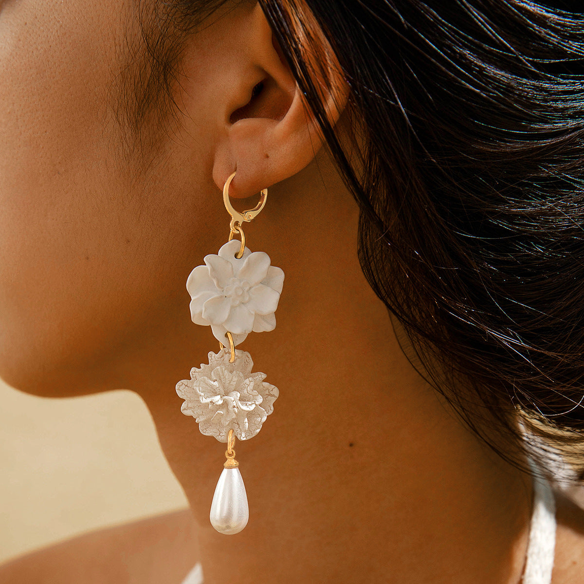 Fresh Camellia Drop Earrings With Imitation Pearls
