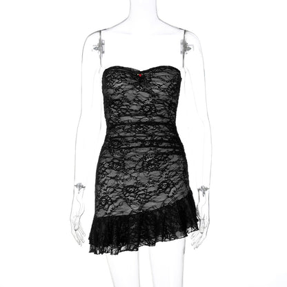 Trendy Lace Bodycon Ruffled Strapless Dress