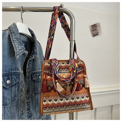Ethnic Style Tassel Shoulder Bag Trendy Chic Fabric Crossbody Bag