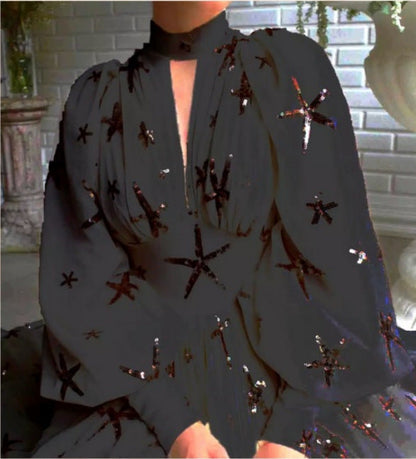 New Sequined Lantern Sleeve High-Low Chiffon Dress