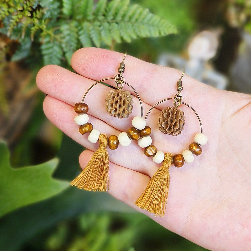 Bohemian Fringe Retro Style Earrings with Wooden Beads