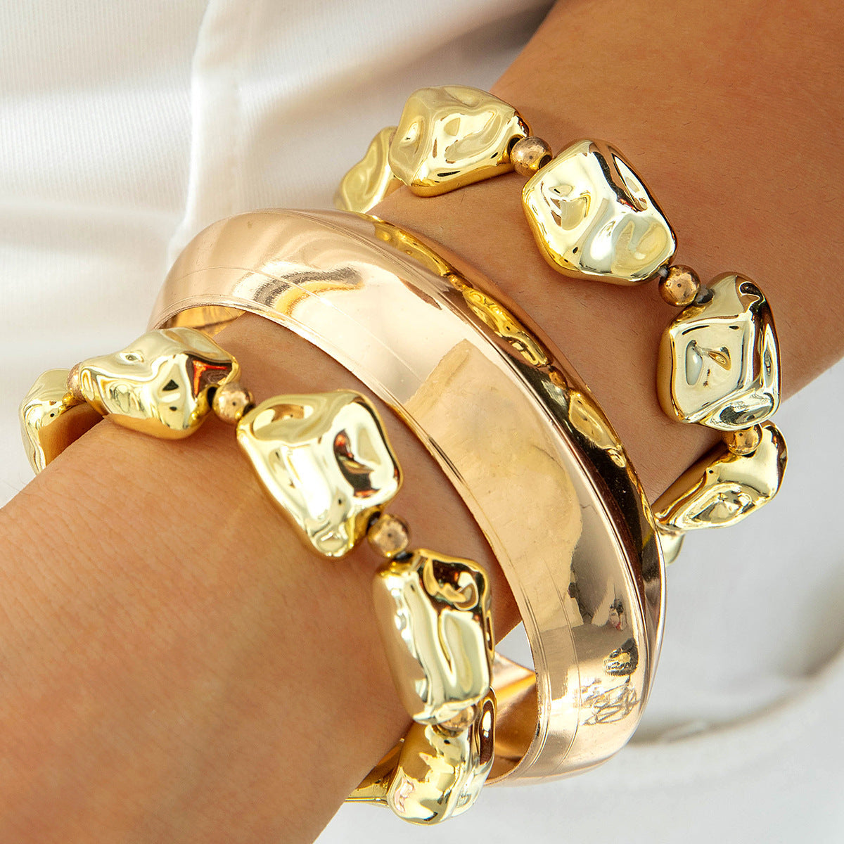 Layered Geometric Statement Cuff Bracelet Set