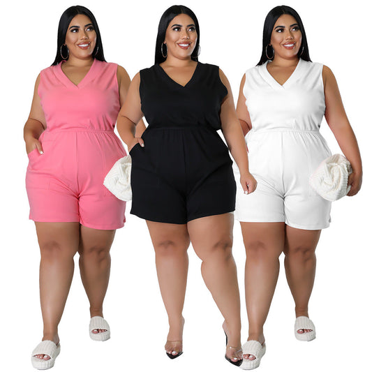 Plus Size V-Neck Solid Color Sleeveless Jumpsuit With Pockets