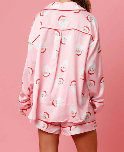 2 Pcs Soft Cartoon Print Satin Christmas Pajamas Set