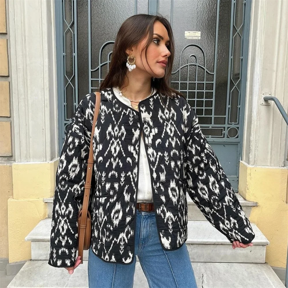 2024 Spring New Women'S Fashion And Elegance Short And Versatile Printed Quilted Round Face Jacket Coat