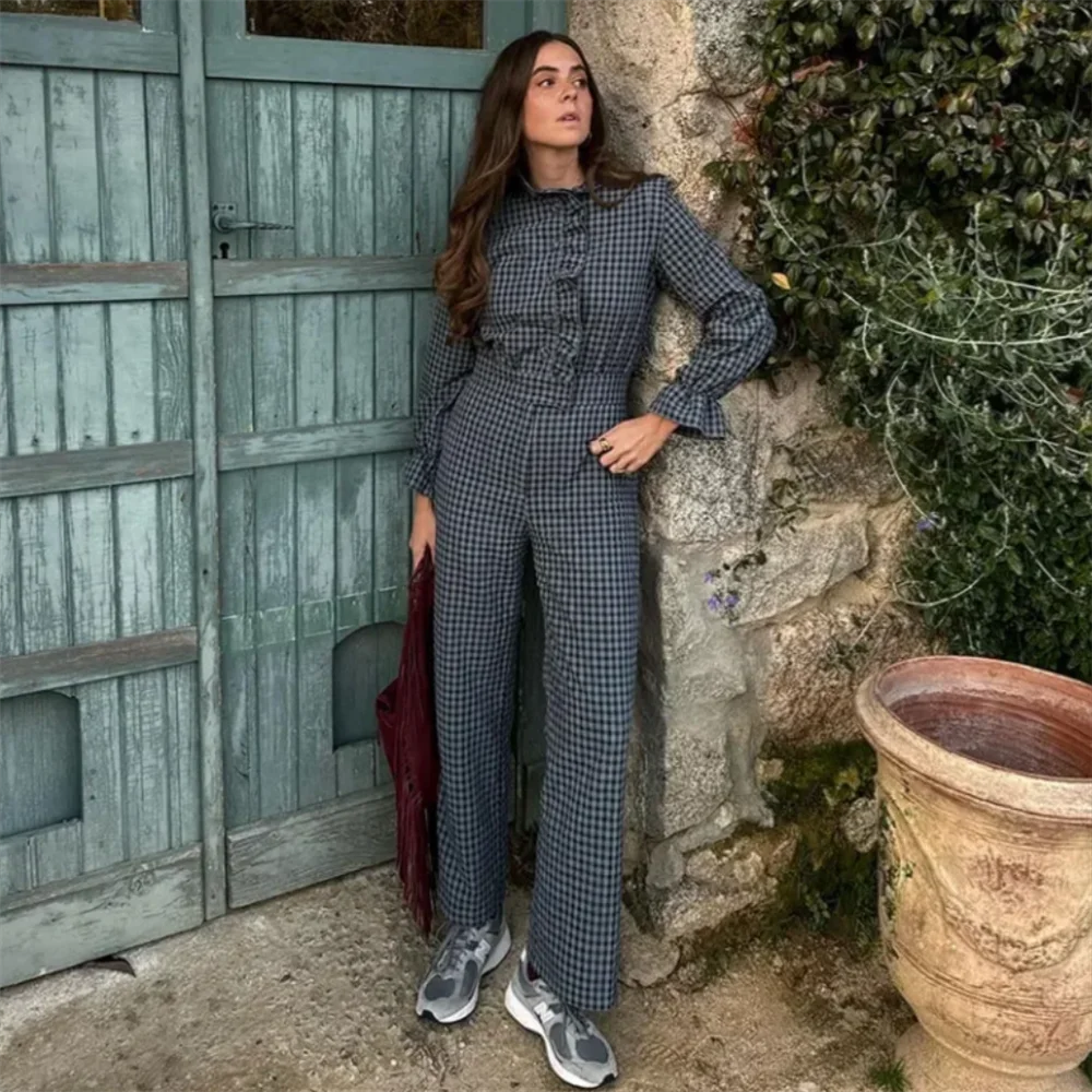 2024 Spring New Women'S Fashion Temperament Casual Versatile Bubble Sleeve Plaid Long Jumpsuit