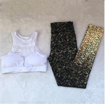 Pad Hot Stamping Two Piece Suit Women Patchwork Yoga Set Sport Fitness Women Pants Leggings Push Up Yoga Pants Summer Sportswear
