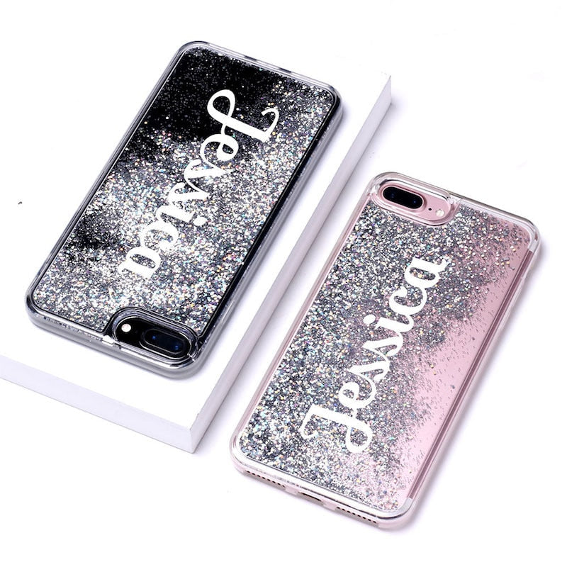 Personalized Custom Liquid Glitter Silver Name Text Soft Bumper Phone Case For Iphone