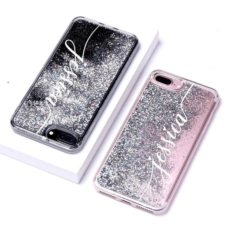 Personalized Custom Liquid Glitter Silver Name Text Soft Bumper Phone Case For Iphone