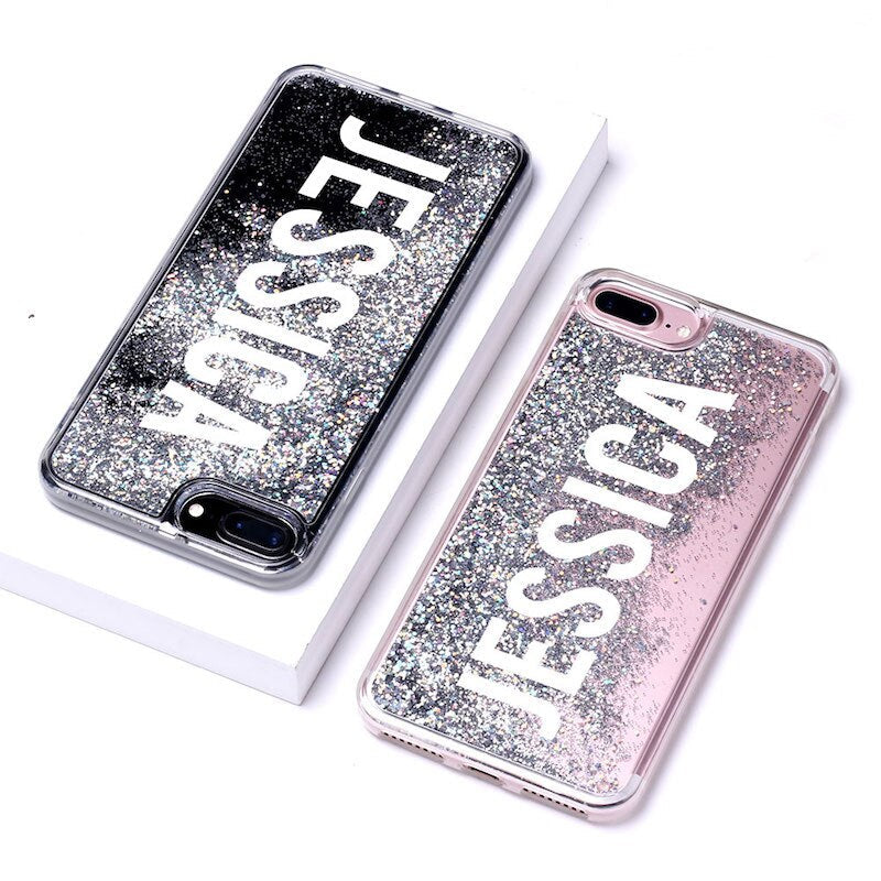 Personalized Custom Liquid Glitter Silver Name Text Soft Bumper Phone Case For Iphone