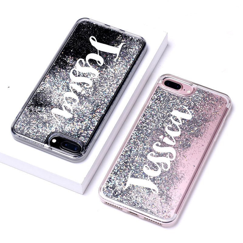 Personalized Custom Liquid Glitter Silver Name Text Soft Bumper Phone Case For Iphone