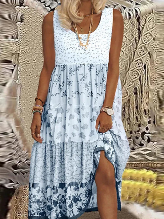 Plus Size Casual Women Summer Midi Dress 5Xl Large Size Floral Print Sleeveless Crewneck A Line Boho Beach Dresses