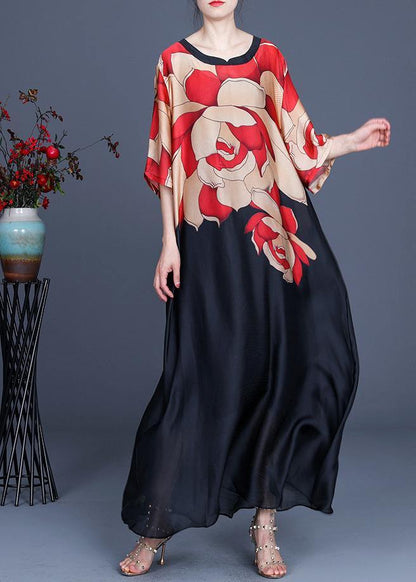 Plus Size Red Print O-Neck Chiffon Summer Dress