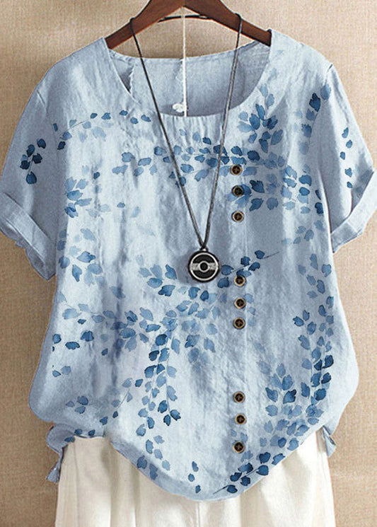 Plus Size Yellow O-Neck Embroideried Floral Linen Tops Short Sleeve
