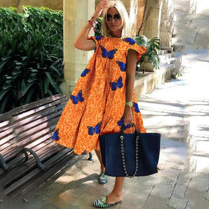 Plus-Size Dress Round Neck Pink Maple Leaf Butterfly Print Loose Casual Beach Dress Women'S Elegant Dresses Midi Dresses Fashion