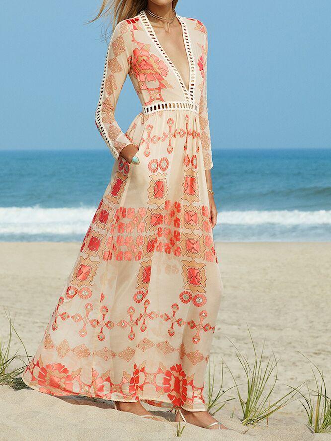 2018 Lace Stitch Bohemian Long Sleeve V-Neck Floral Long Dress