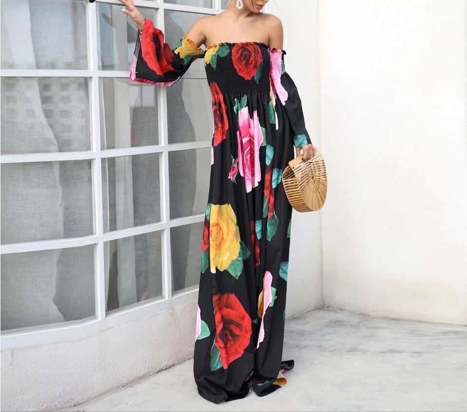 Black Rose Floral Strapless Off Shoulder Sleeve Big Hem Long Dress