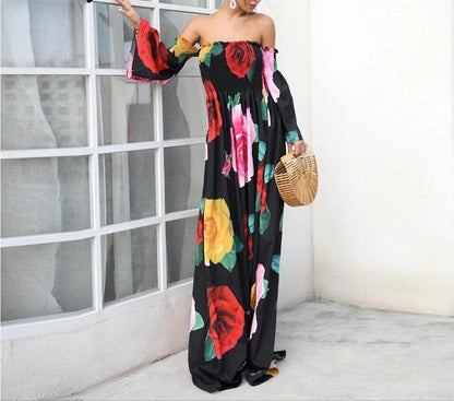 Black Rose Floral Strapless Off Shoulder Sleeve Big Hem Long Dress