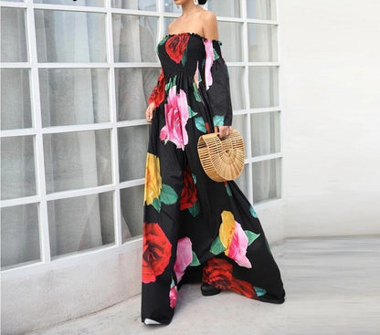Black Rose Floral Strapless Off Shoulder Sleeve Big Hem Long Dress