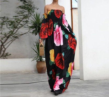 Black Rose Floral Strapless Off Shoulder Sleeve Big Hem Long Dress