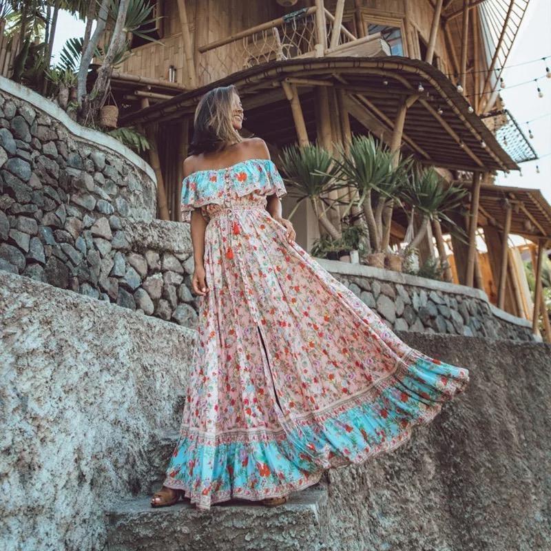 Off-The-Shoulder Bohemia Maxi Chiffon Floral Print Dress Beach Style Vacation Dress